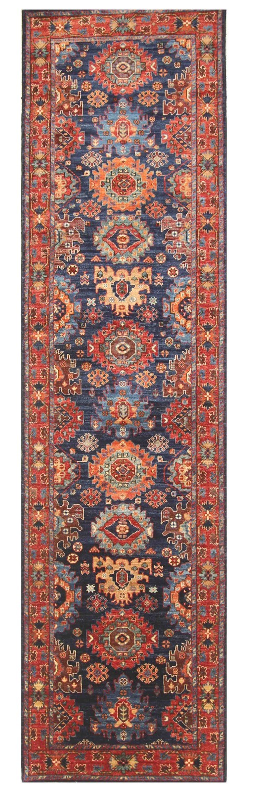 3x11 ft Navy Blue Afghan Hand knotted Wool Oriental Runner Rug