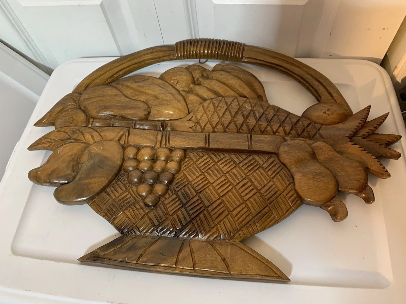 Vtg Hand Carved Wood Wall Art Basket Fruits Vegetables 21” X 15” Mid Century