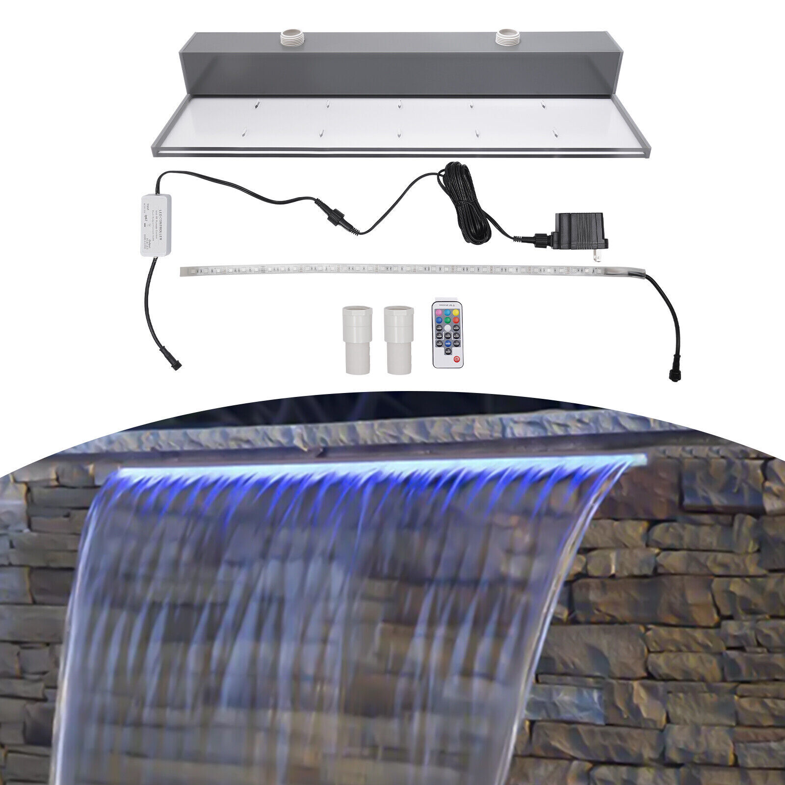 Waterfall Pool Fountain 7 Color Changing & Remote Lighted Waterfall Spillway