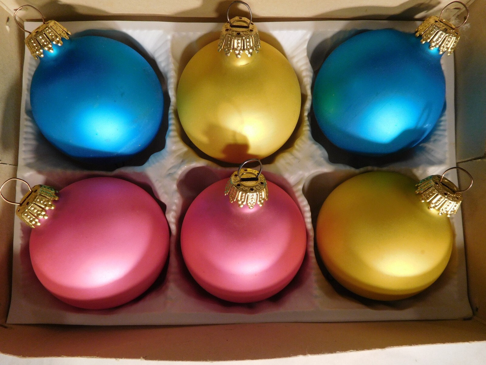 6 RARE Mid 20th Century West German PASTEL Christmas Ornaments Blue, Pink & Gold 6 RARE Mid 20th Century West German PASTEL Christmas Ornaments Blue, Pink & Gold