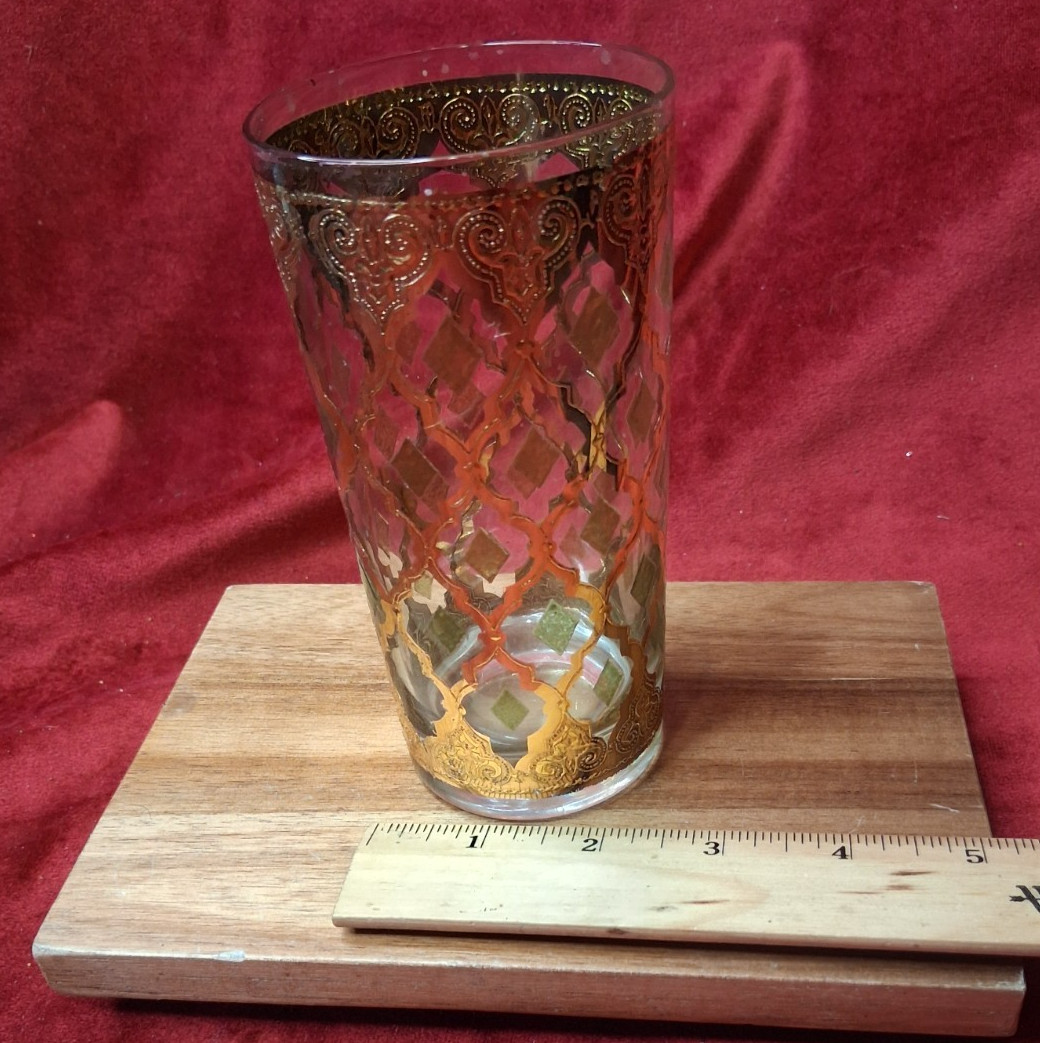 Vintage Culver Valencia Highball Glass 22K Gold Green Diamond Tumbler MCM