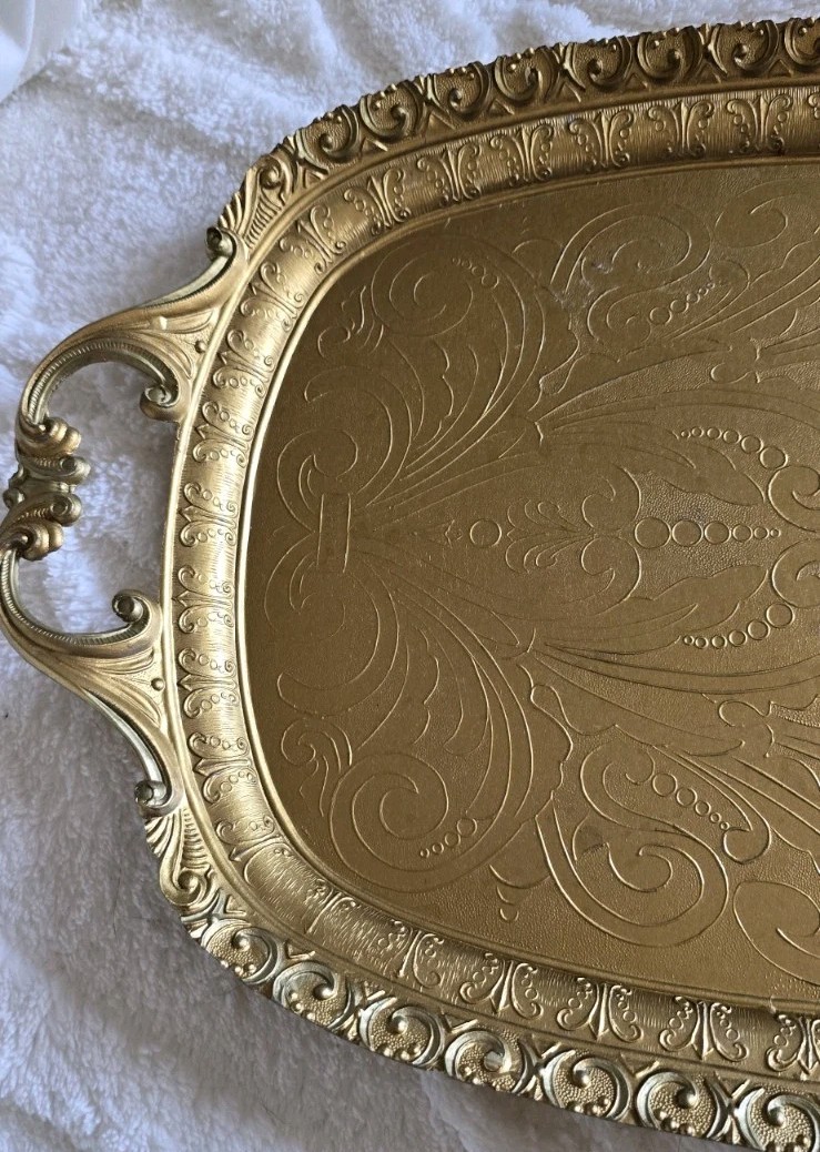 Vintage Ornate Gold Tone Serving Tray Metal MADE IN ITALY Engraved Vintage Ornate Gold Tone Serving Tray Metal MADE IN ITALY Engraved
