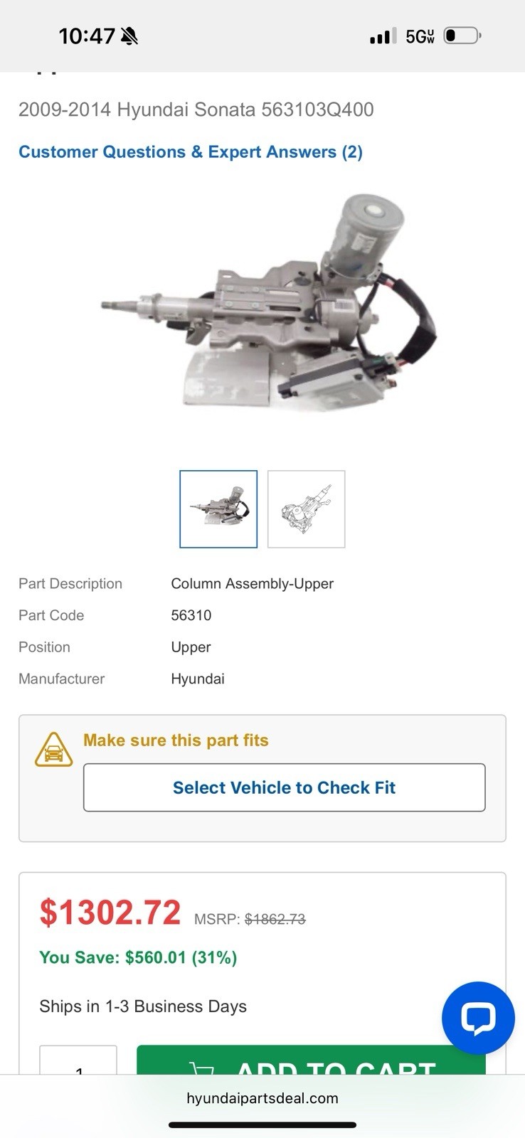 GENUINE HYUNDAI COLUMN ASSEMBLY UPPER OEM 56310-3Q200-QQH Hyundai Sonata 2009-14