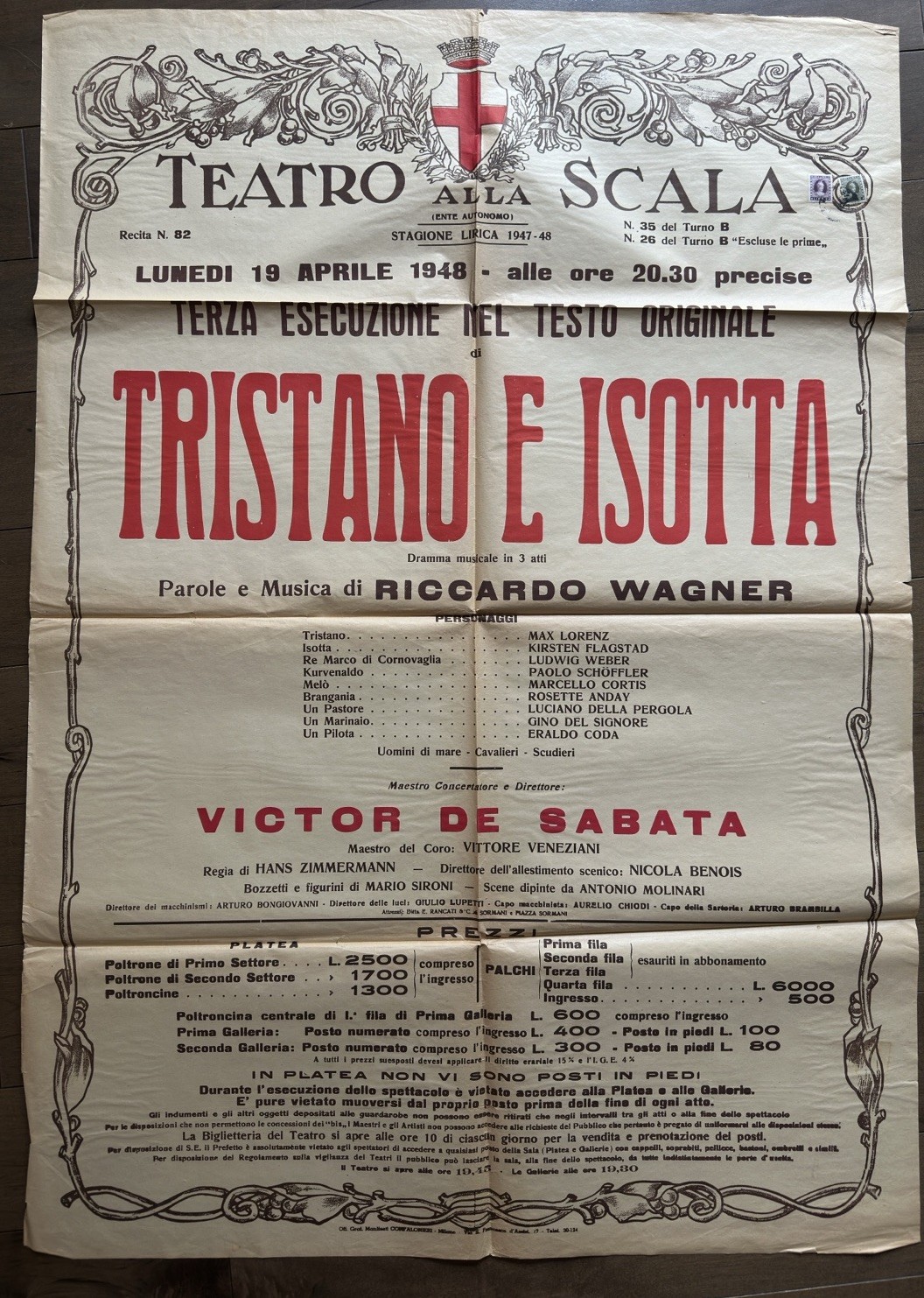 Original Tristano e Isotta Teatro alla Scala Opera Billboard 1948 27” X 19” Original Tristano e Isotta Teatro alla Scala Opera Billboard 1948 27” X 19”