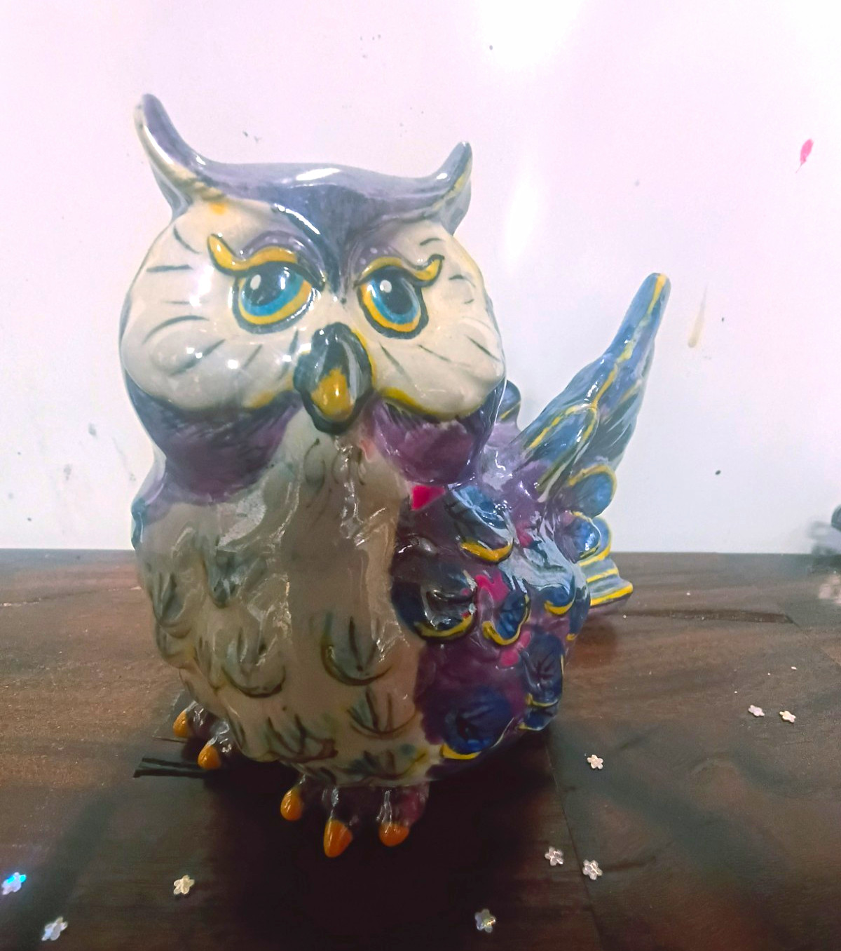 Vintage AFD 2003 Ceramic Owl tea lite holder Majolica Purple Blue Whimsical 