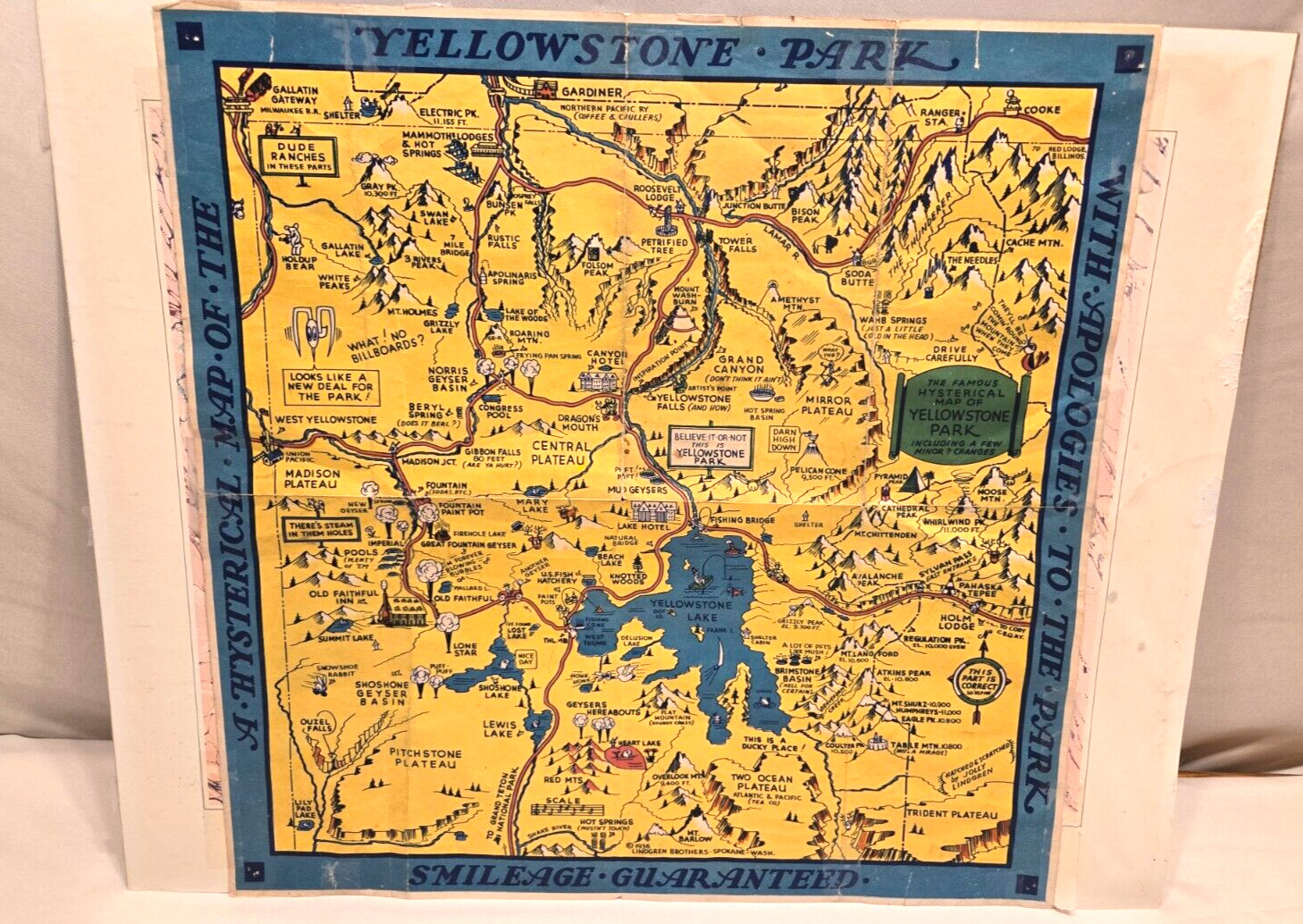 Authentic Vintage 1936 Lindgren Brothers Hysterical Map of Yellowstone Park