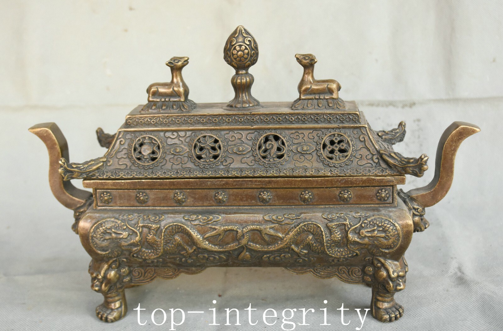 13.3\'\' Old China Bronze Dragon Loong Beast Portable Incense Burner Censer