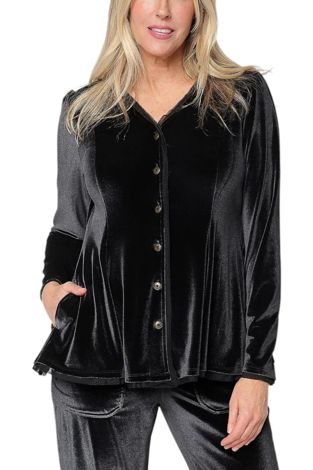LOGO Lavish by Lori Goldstein Button Velvet Top Black