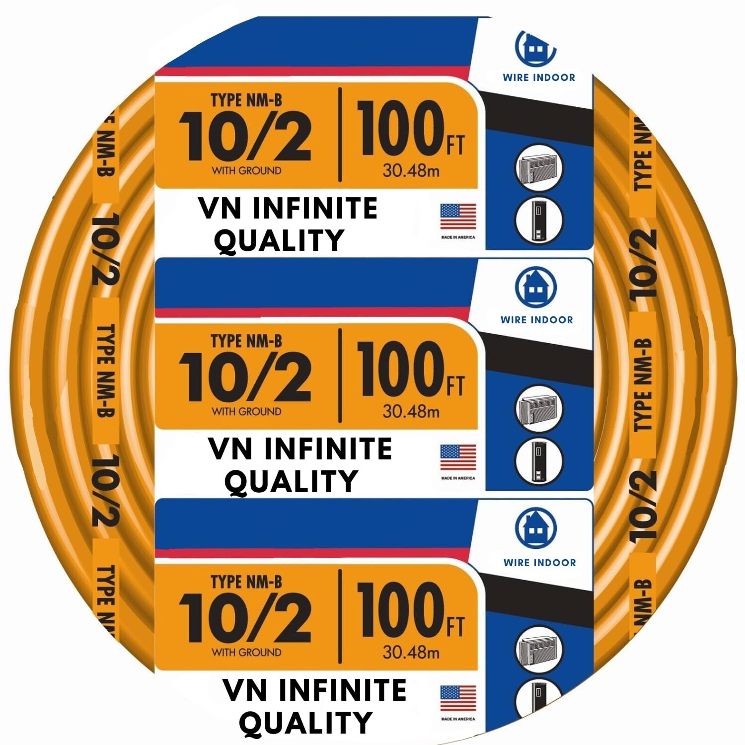 Solid Indoor 10/2 W/G NMB Cable Non-Metallic Residential Indoor Wire 100ft