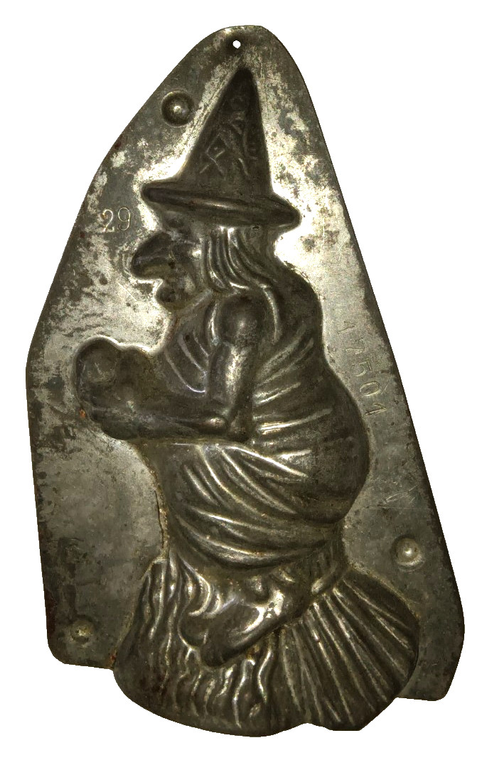 HALF Antique Vtg German Halloween Witch Broomstick Chocolate Mold Anton Reiche?
