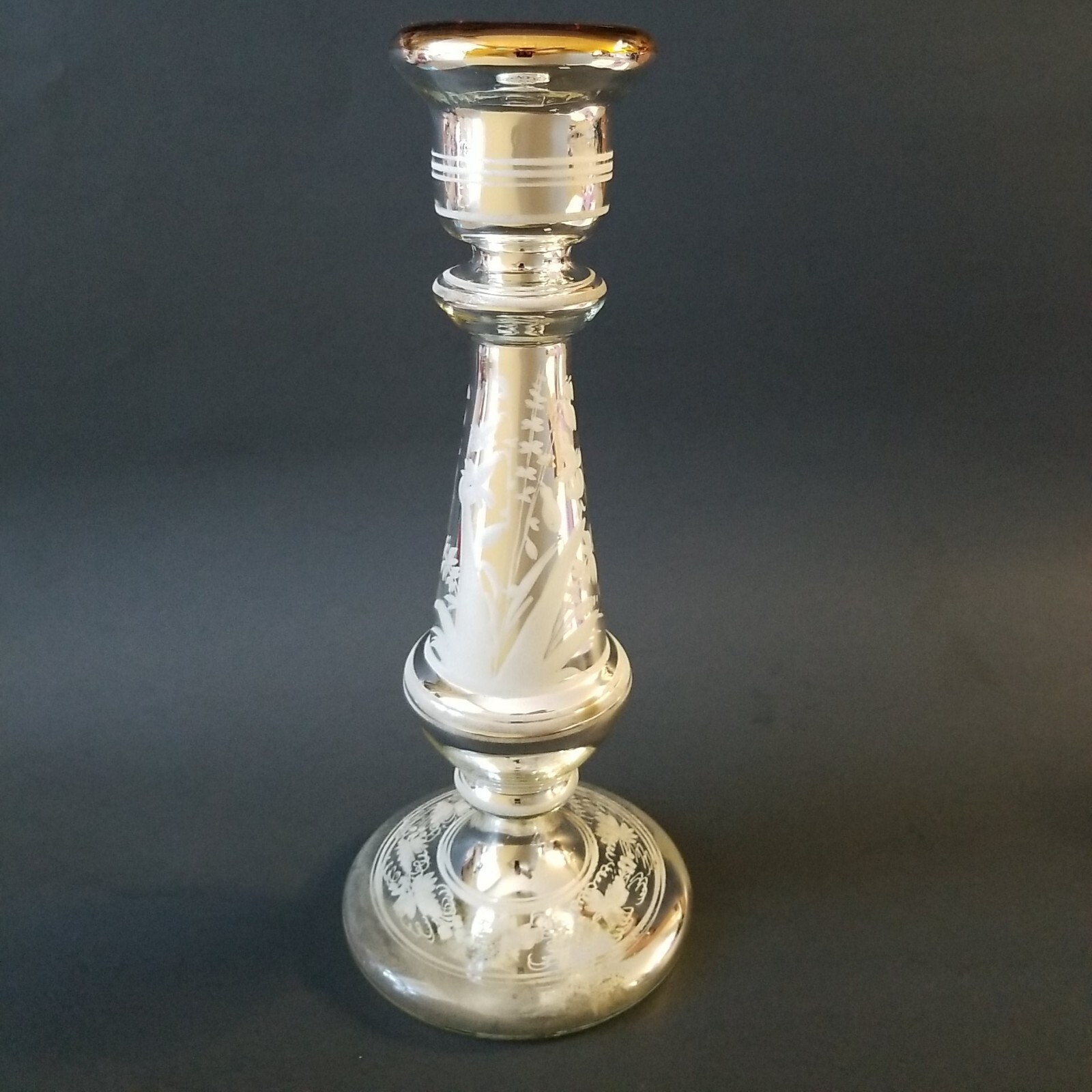 ATQ/VTG Silver/Gold MERCURY GLASS CANDLEHOLDER French Flowers Etching 11.25\ ATQ/VTG Silver/Gold MERCURY GLASS CANDLEHOLDER French Flowers Etching 11.25\