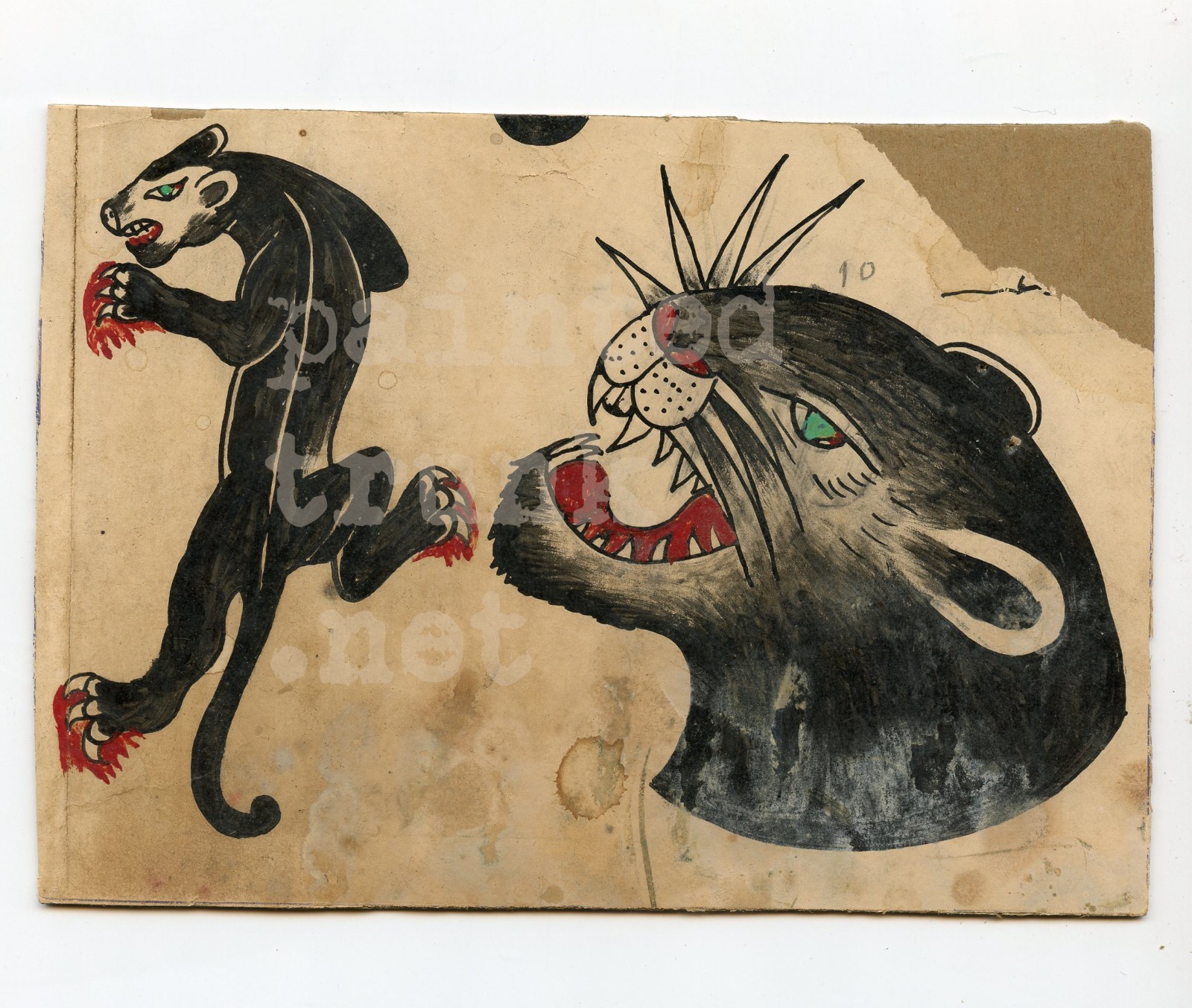 original antique 1930s tattoo black panther flash cut mystery folk art texas 5x7