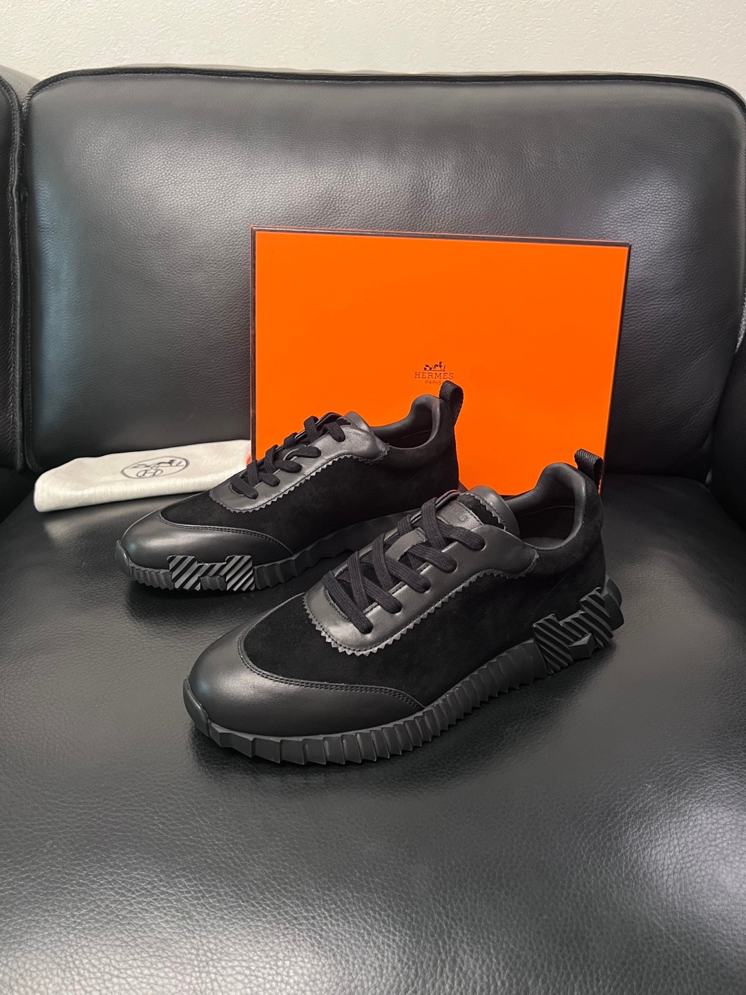 Men's Hermes Bouncing Sneakers Black Suede & Calfskin Leather Size Men's Hermes Bouncing Sneakers Black Suede & Calfskin Leather Size