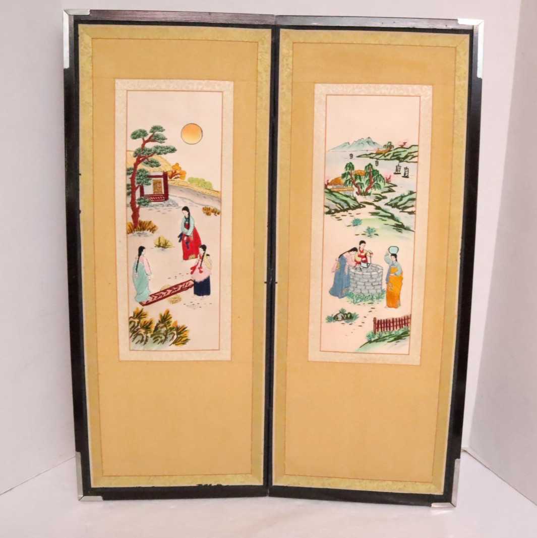 Japanese VTG 2 Panel Folding Screen Asian Byobu EMBROIDERED Chinese 27x22 Asian