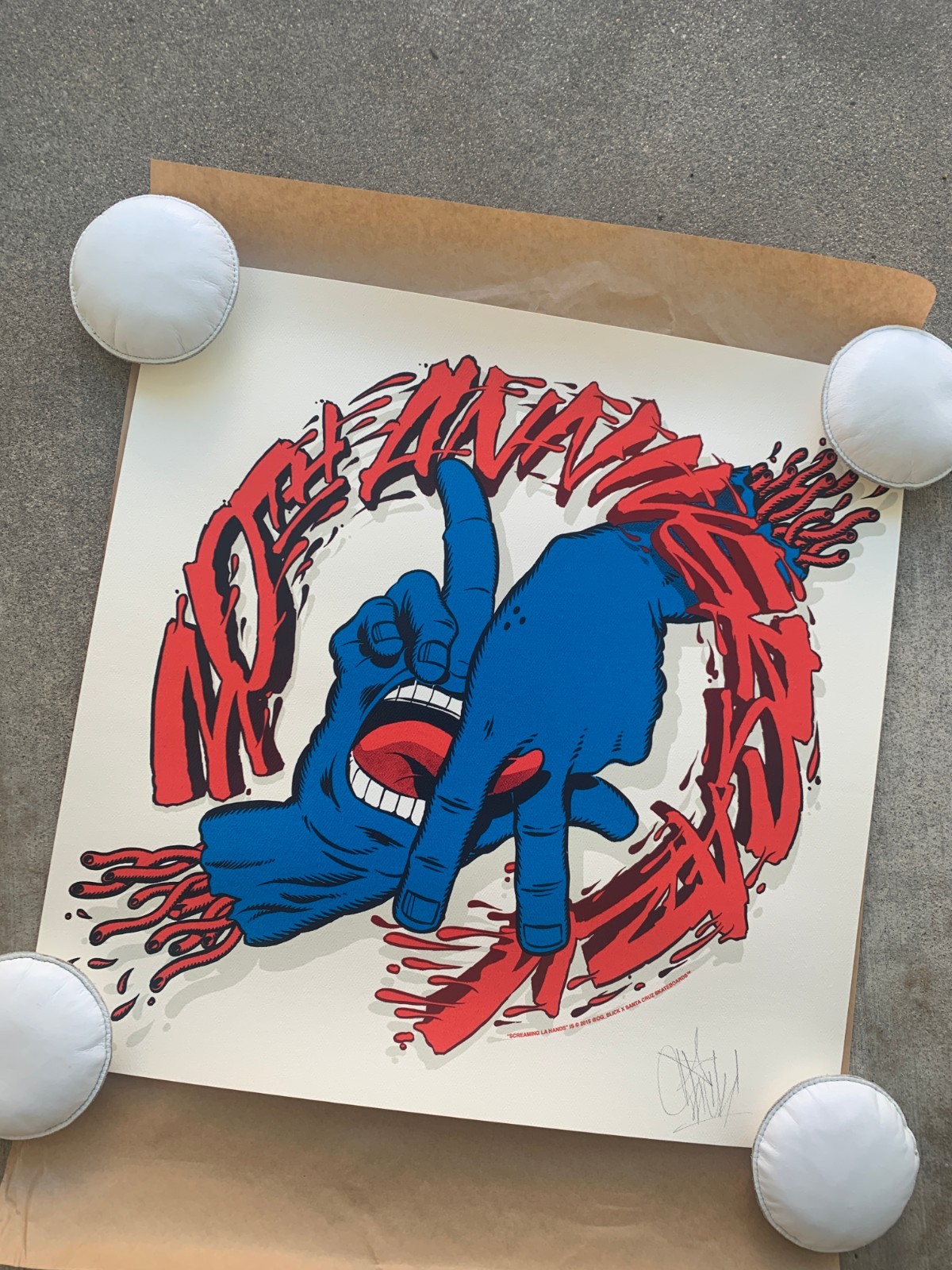 Santa Cruz  X Og Slick   Silscreened Screaming LA Hands   18 x 18 Signed