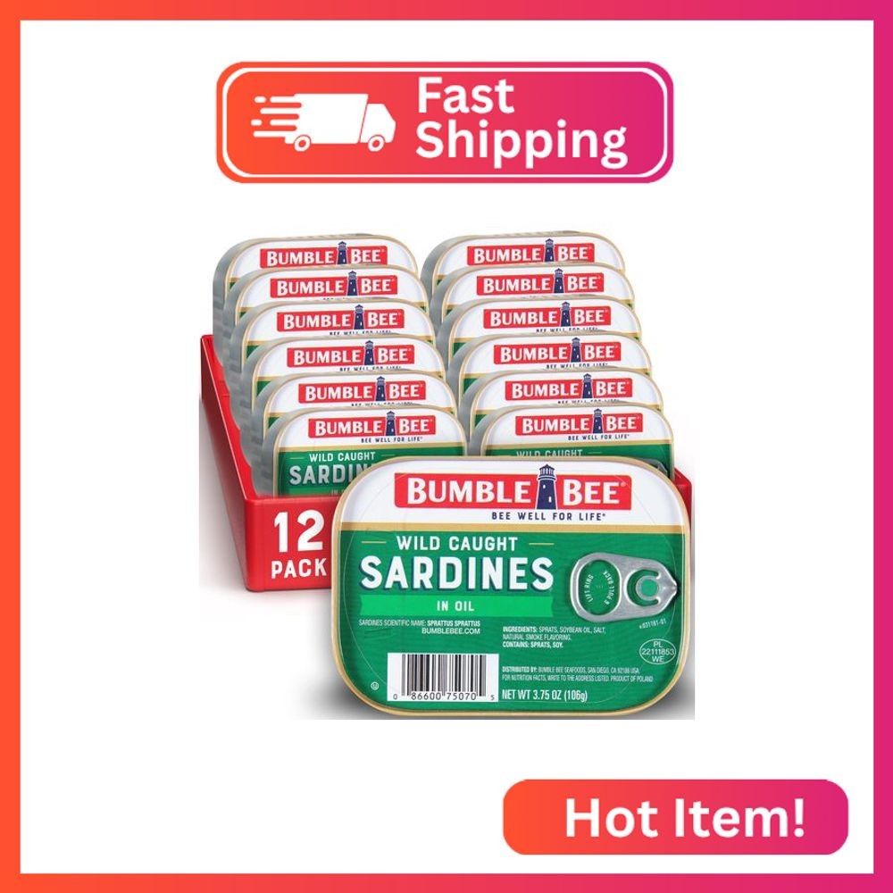 Bumble Bee Sardines in Oil, 3.75 oz Tin (Pack of 12) - Wild Caught, Gluten Free,