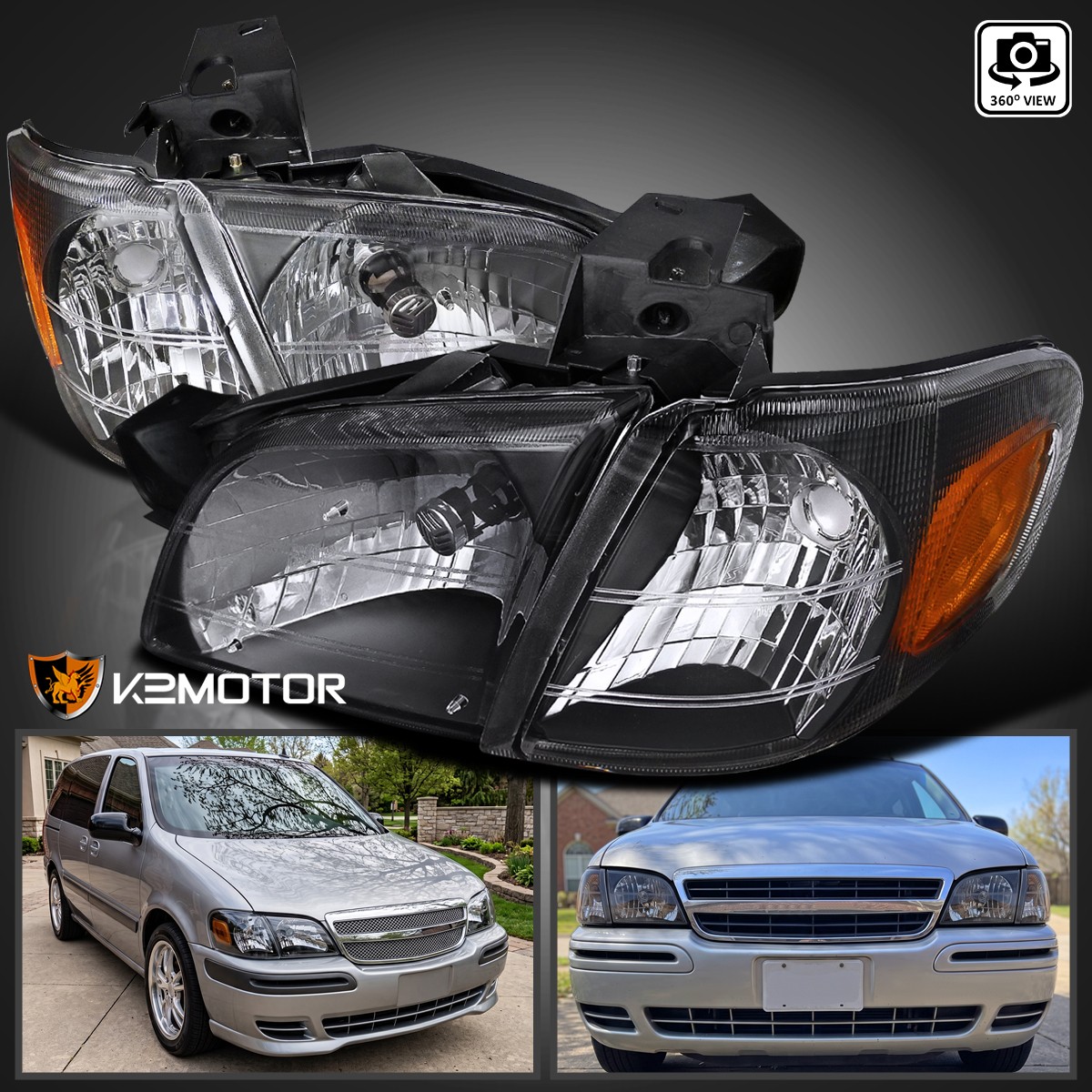 Fits 1997-2005 Chevy Venture Silhouette Montana Black Headlights+Corner Lamps Fits 1997-2005 Chevy Venture Silhouette Montana Black Headlights+Corner Lamps