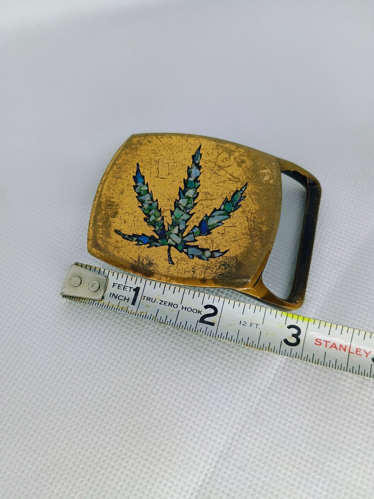 70s Tech Ether Guild Great Lakes Brass Pot Leaf Buckle Crushed Opal Inlay