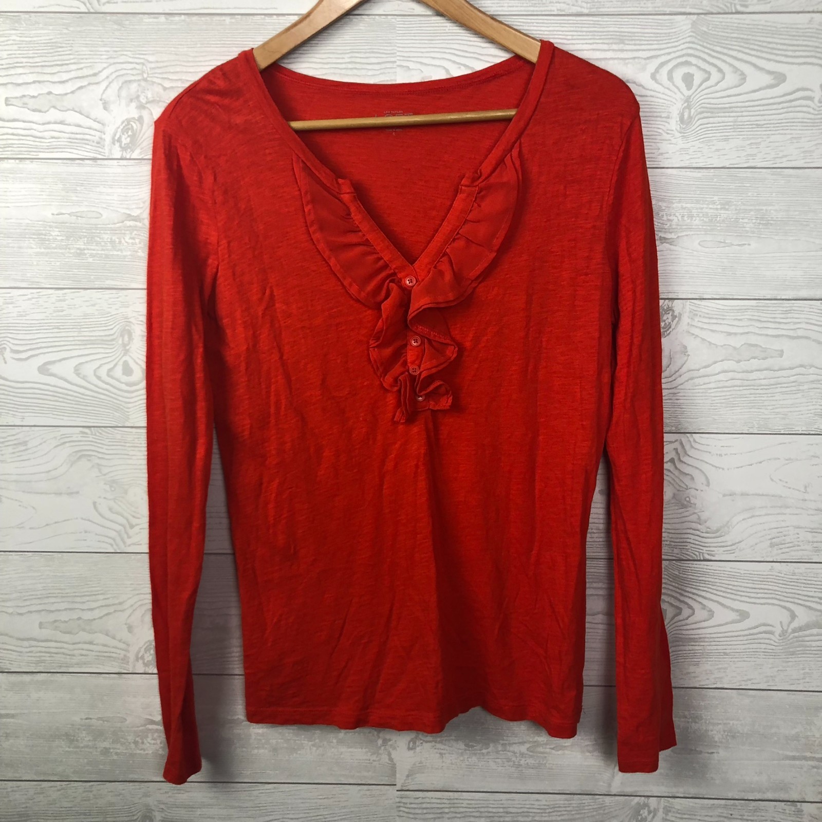 Ann Taylor LOFT Women\'s Small Long Sleeve Shirt Ruffle V Neck 100% Cotton Orange Ann Taylor LOFT Women\'s Small Long Sleeve Shirt Ruffle V Neck 100% Cotton Orange