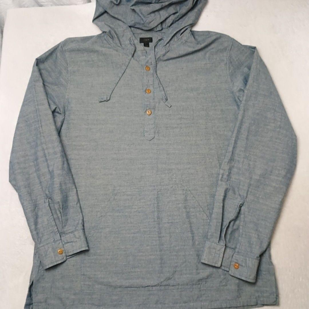 JCrew Pullover Mens L Blue Chambray Hooded Henley Lightweight 100% Cotton Work