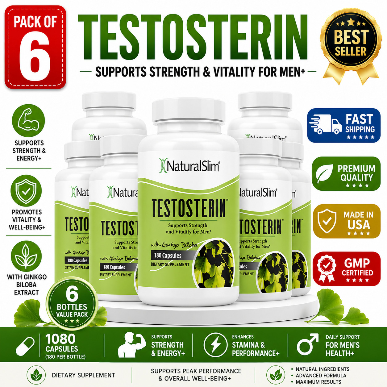 6 Pack NaturalSlim Testosterin Men\'s Multivitamins Testosterone Booster 180 Caps 6 Pack NaturalSlim Testosterin Men\'s Multivitamins Testosterone Booster 180 Caps