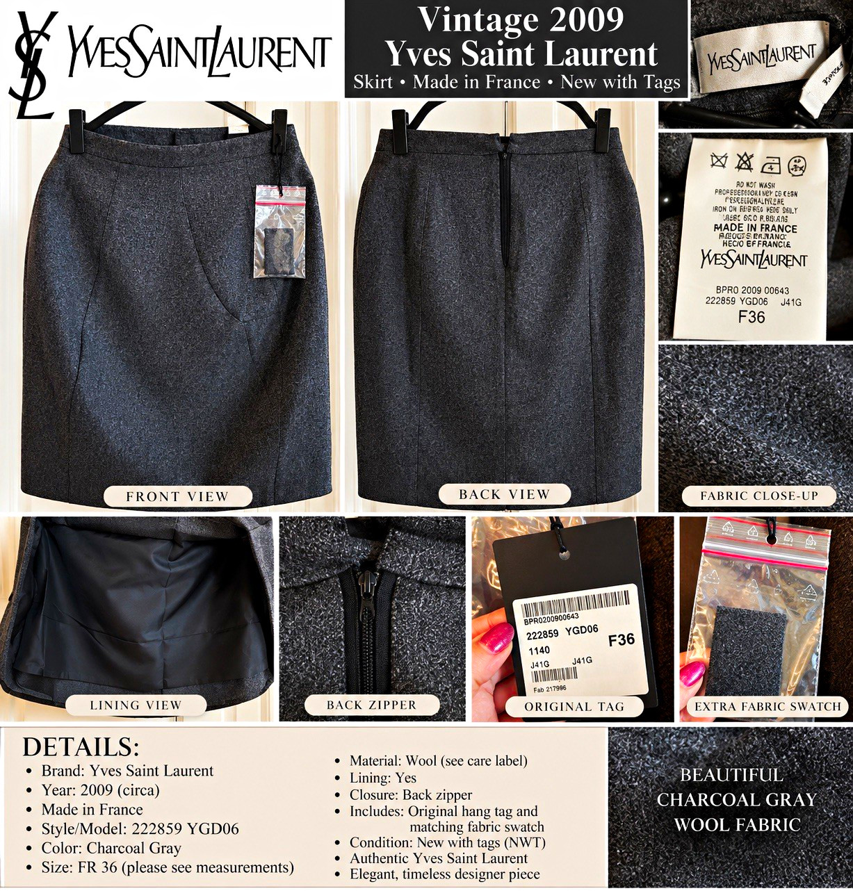 Yves Saint Laurent Vintage Wool Tweed Pencil Skirt Gray Solid Zip FR 36