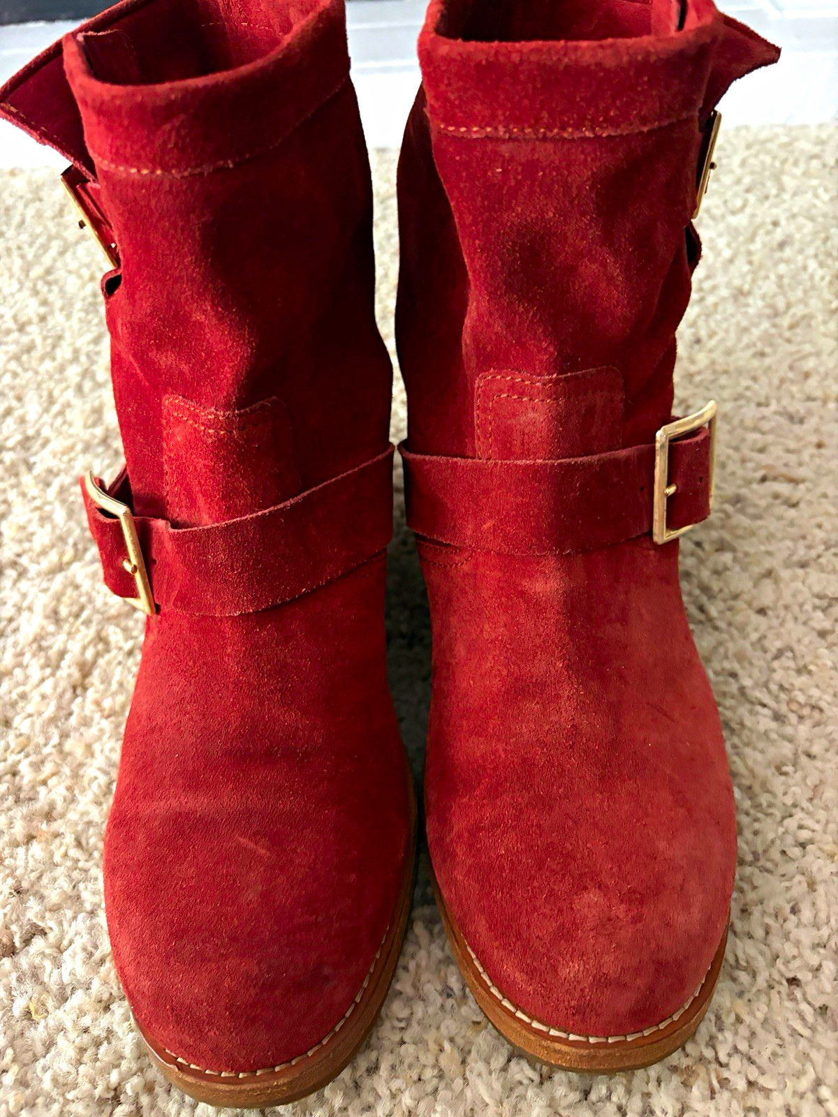 Jimmy Choo Rust Suede Ankle Bootie W Gold Buckle accents & stacked heel