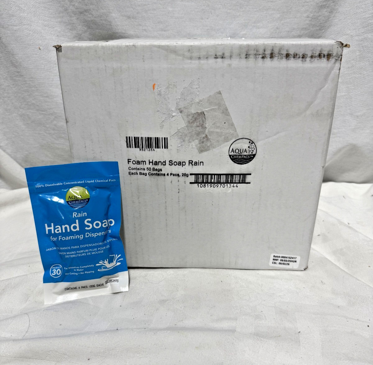 50 Bags Aqua ChemPacs Rain Foam Hand Soap 9321264 Dissolvable Pods Case 200 Pack