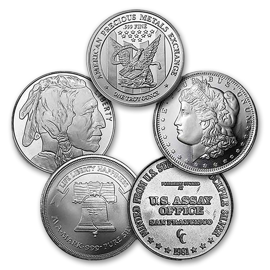 1 oz Silver Round (Lot of 5, Random Design) .999 Fine