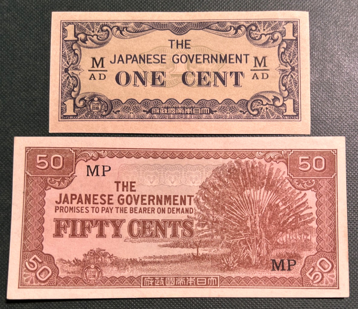 BRITISH - MALAYA  JAPANESE OCCUPATION WWII  1942  1 and 50 CENTS  M-1b, 4b