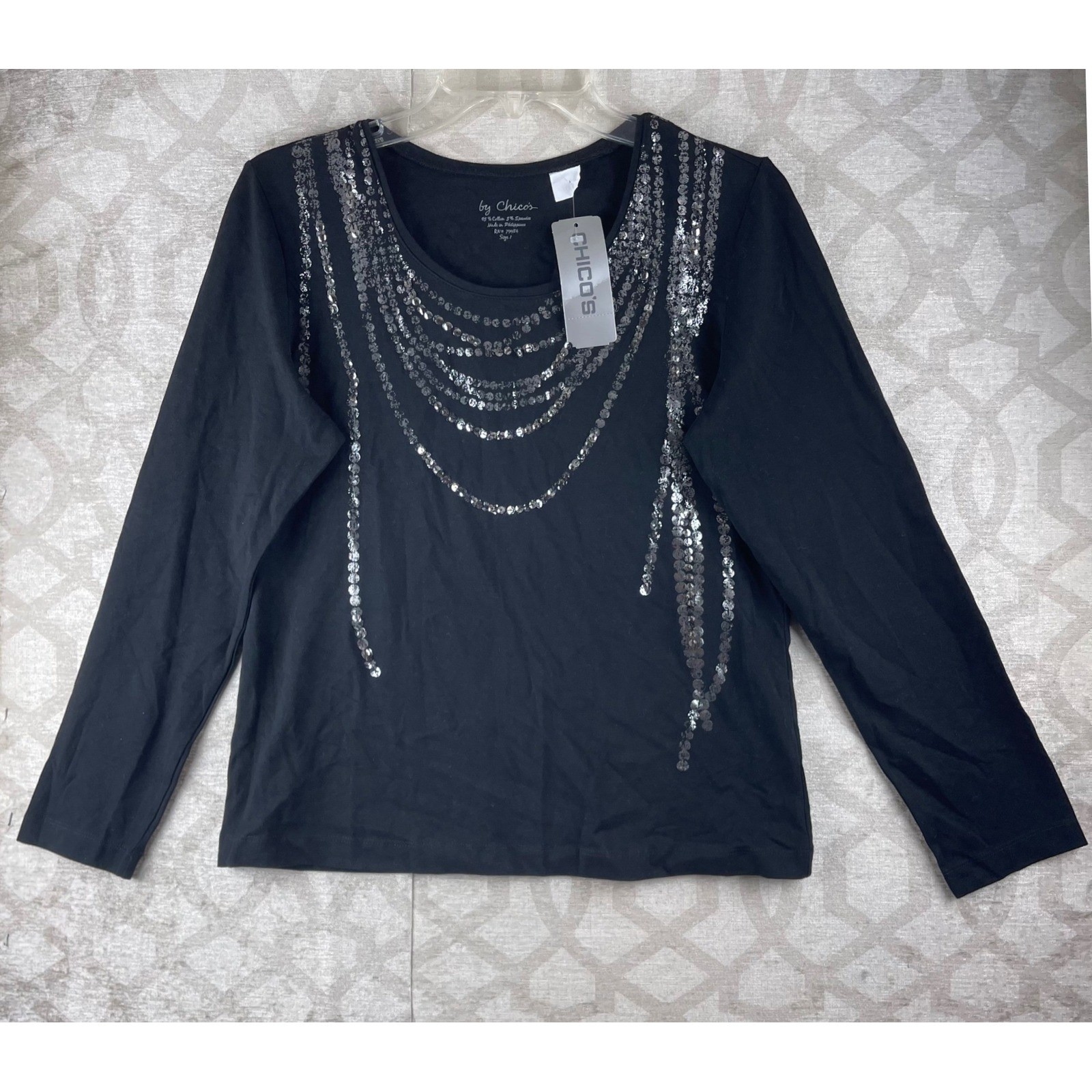 Chico\'s Salsa Sequin Necklace Top Women 1 M Black NWT Long Sleeve Cotton Stretch