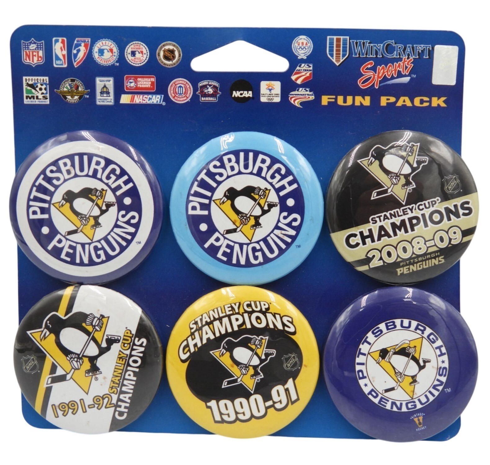 NEW Vintage 2009 NHL Pittsburgh Penguins Wincraft Fun Pack 6 PinBack Buttons NIP