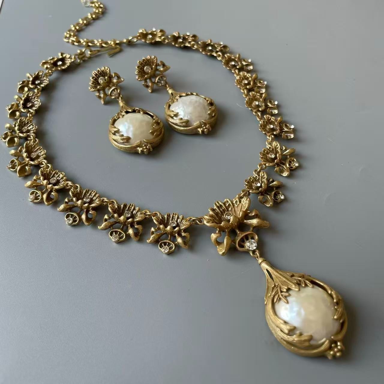 Victorian Pearl Necklace Earrings Set Antique Gold Statement Jewelry