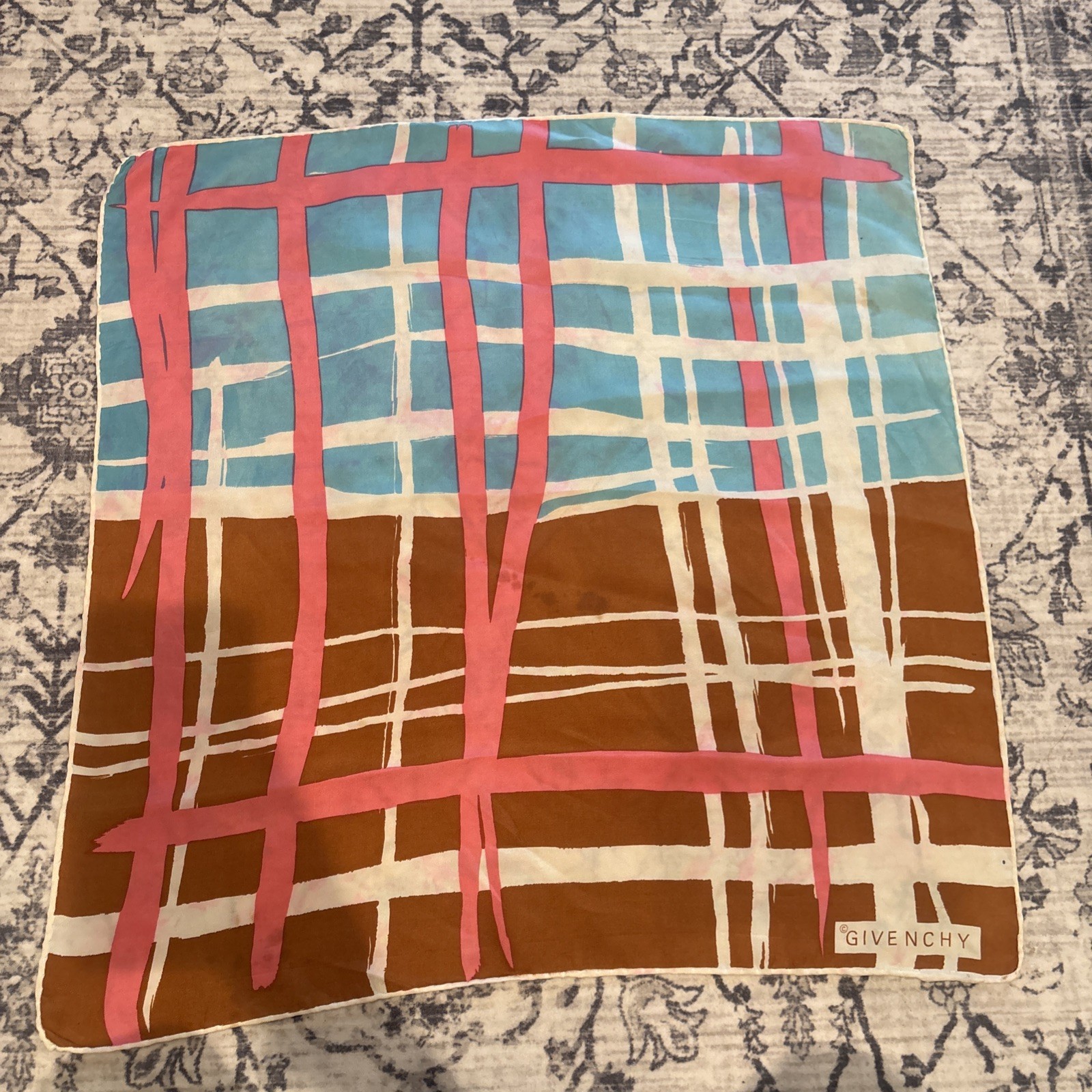Vintage 60s GIVENCHY Silk Scarf Brown Blue Pink Stripes Vintage 60s GIVENCHY Silk Scarf Brown Blue Pink Stripes