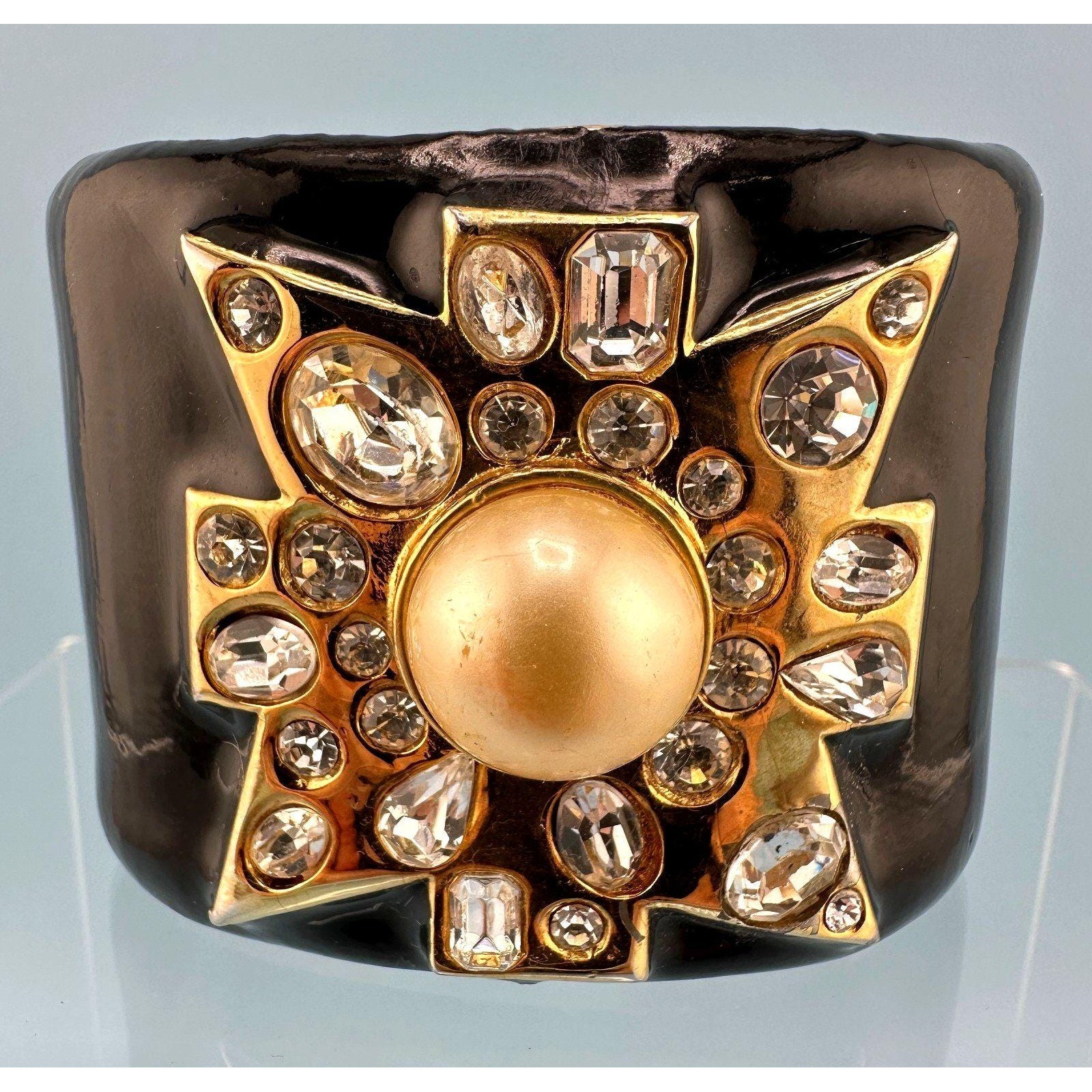 Vintage KJL Kenneth Lane Cuff Bracelet Maltese Cross Enamel Crystal Faux Pearl
