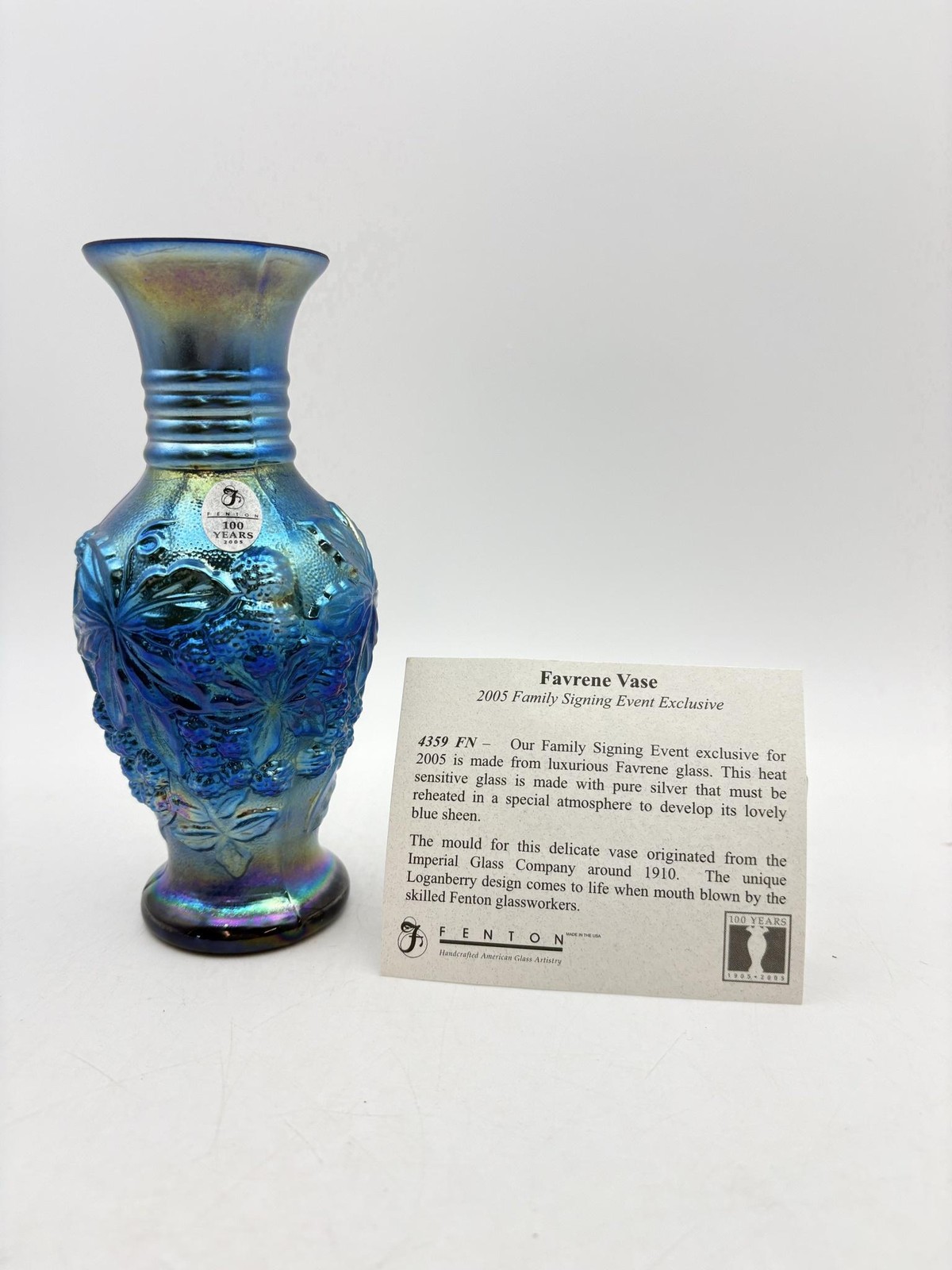 Fenton Blue Favrene Loganberry Vase 6.5\