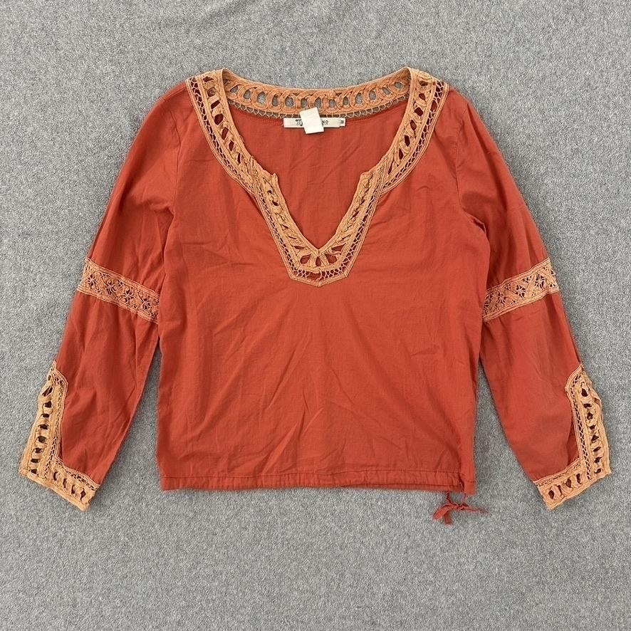 Monoreno Blouse Womens Medium Boho Crochet Lace V-Neck Cotton Rust Orange