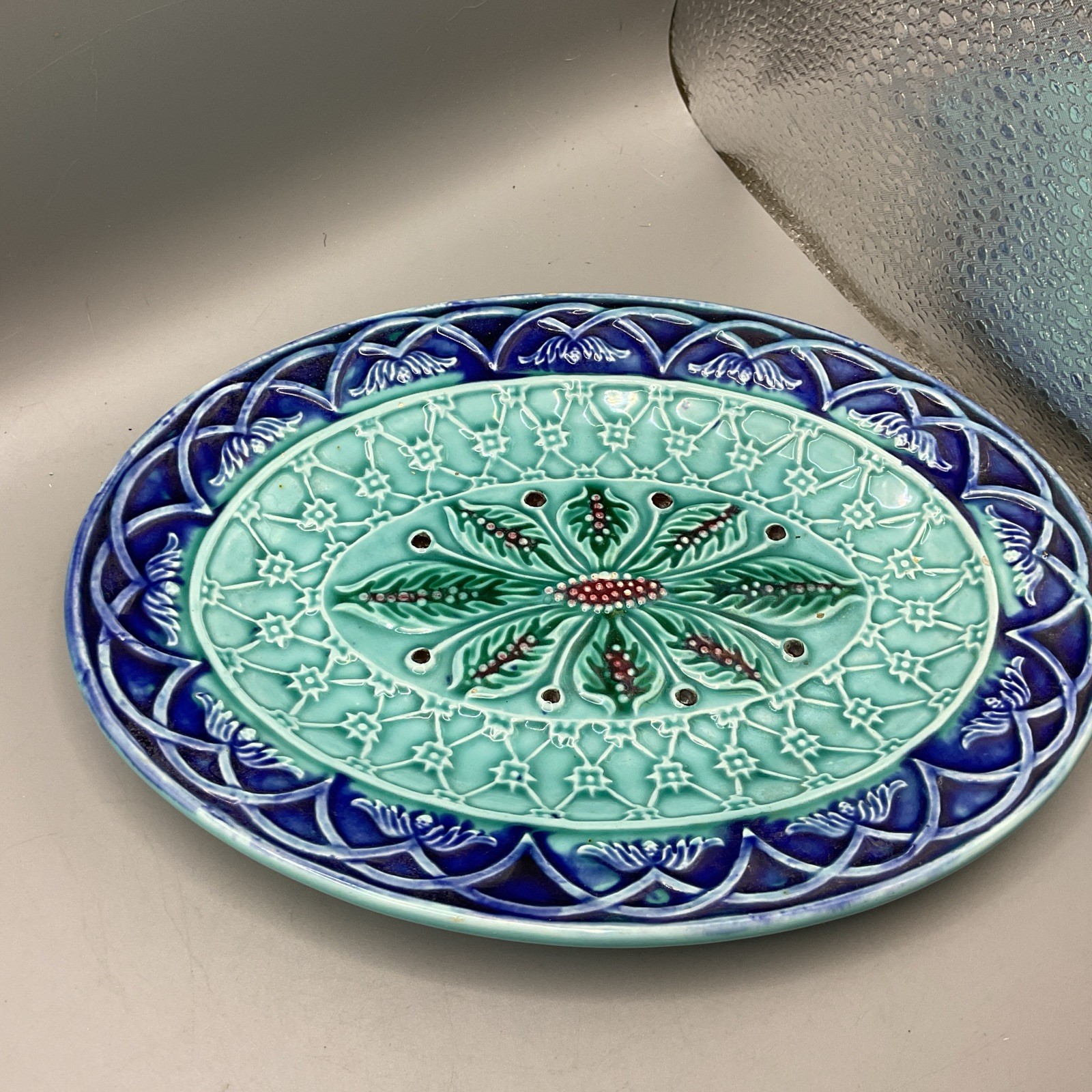 Vintage Turquoise Glazed Majolica Serving Dish/ Bread Plate Impressed Number