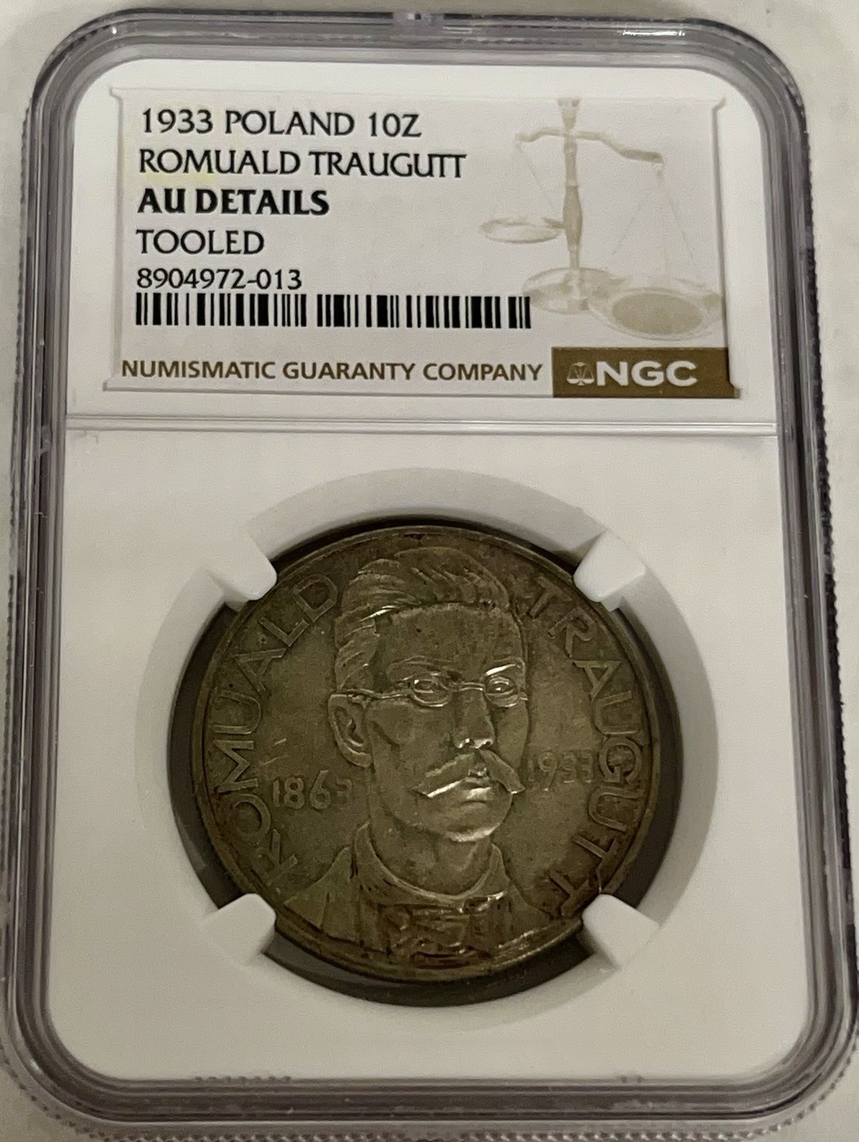 Poland 1933 10 Złotych Romuald Traugut NGC AU Details Tooled Poland 1933 10 Złotych Romuald Traugut NGC AU Details Tooled