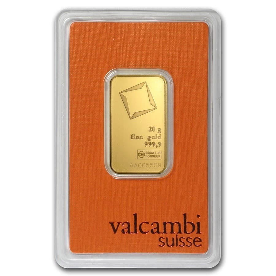 20 Gram Valcambi Suisse .9999 Fine Gold Bar in Assay 20 Gram Valcambi Suisse .9999 Fine Gold Bar in Assay