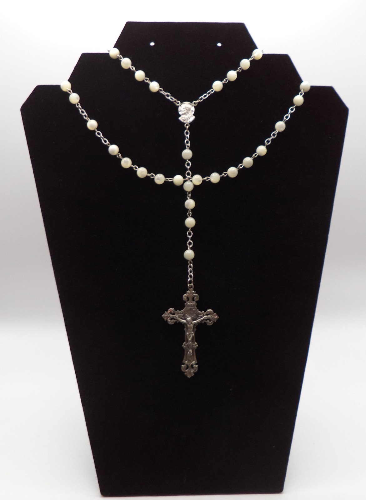 Vintage Chapel Sterling Silver Mother of Pearl Bead Rosary Catholic Necklace 20 Vintage Chapel Sterling Silver Mother of Pearl Bead Rosary Catholic Necklace 20