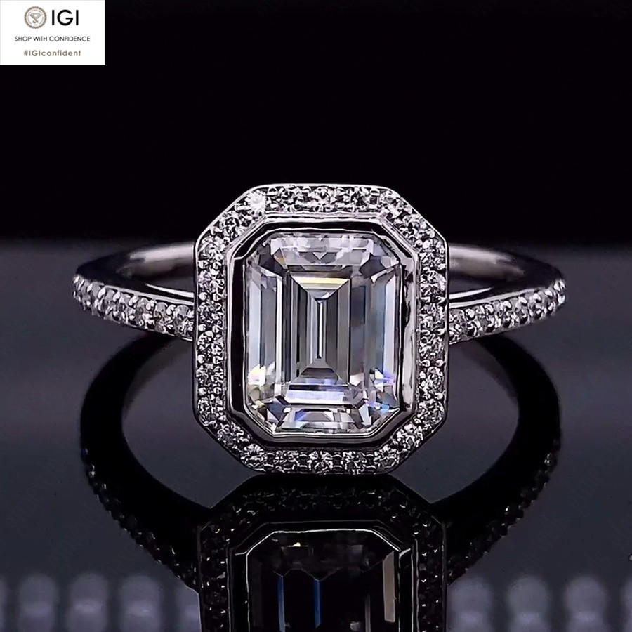 IGI 2.15Ct D VVS2 Emerald Lab Grown Diamond Halo Engagement Ring 14K White Gold