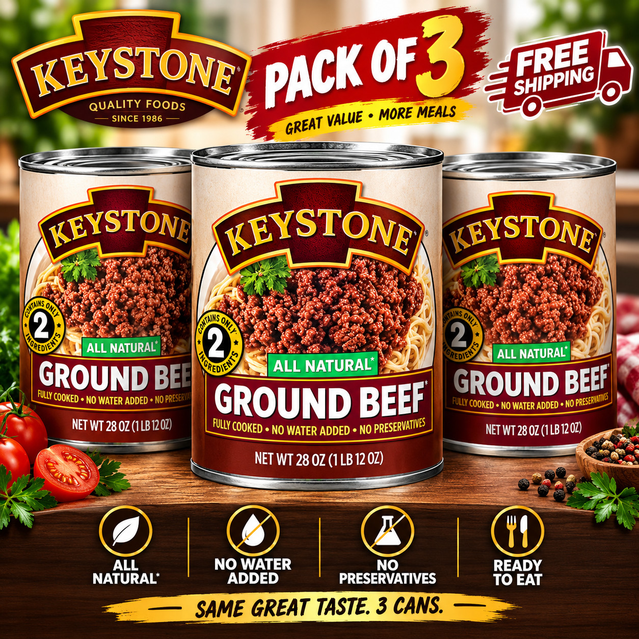 Free Shipping Keystone All Natural Ground Beef, 28 oz Can 3 cans