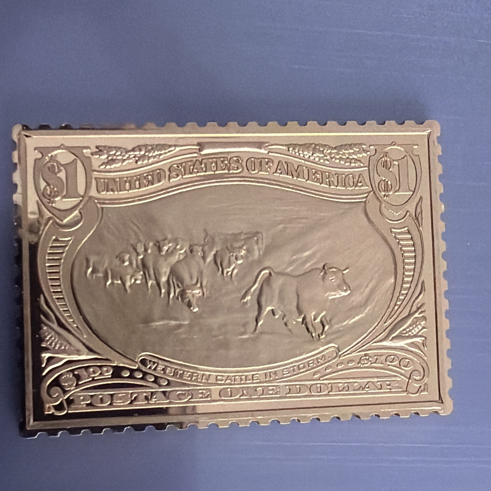 2002 Rare Vintage Gold Plate .999 Silver USPS $1 Stamp USA Cattle In Storm .7 OZ