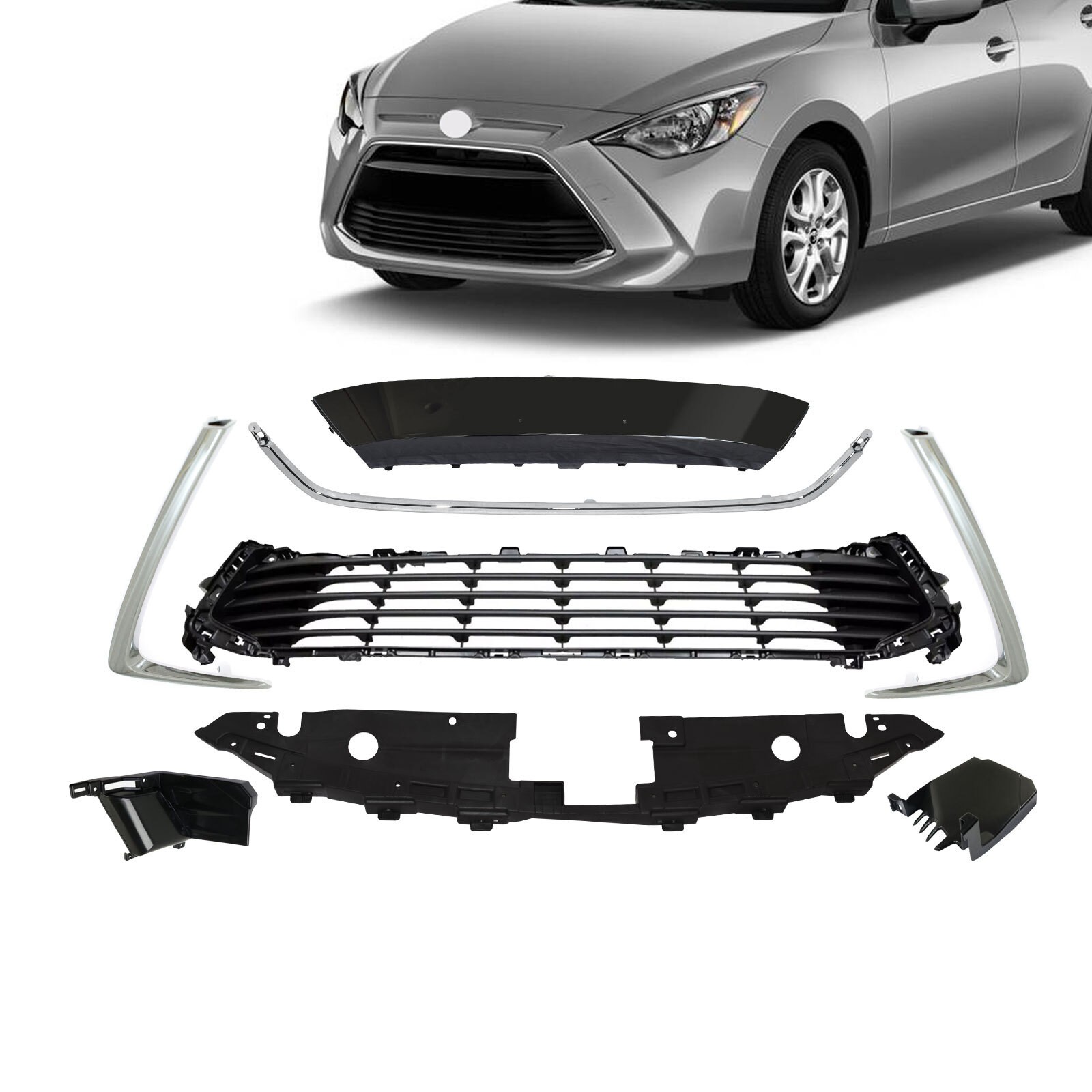 Fits 2017-18 Toyota Yaris IA Front Bumper Grille W/Inner Support Molding Trims