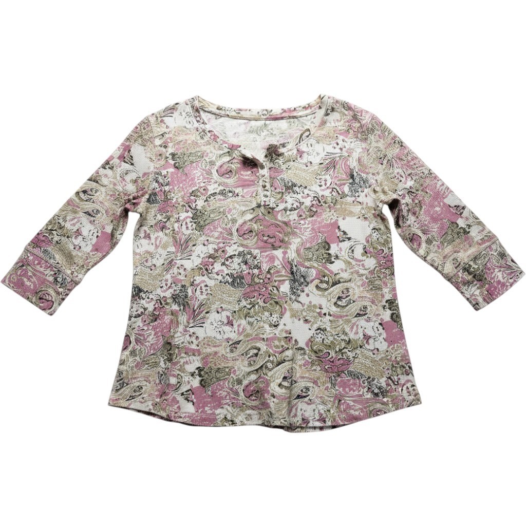 White Stag Henley Top Women XL Pink Paisley Floral Waffle Knit 3/4 Sleeve