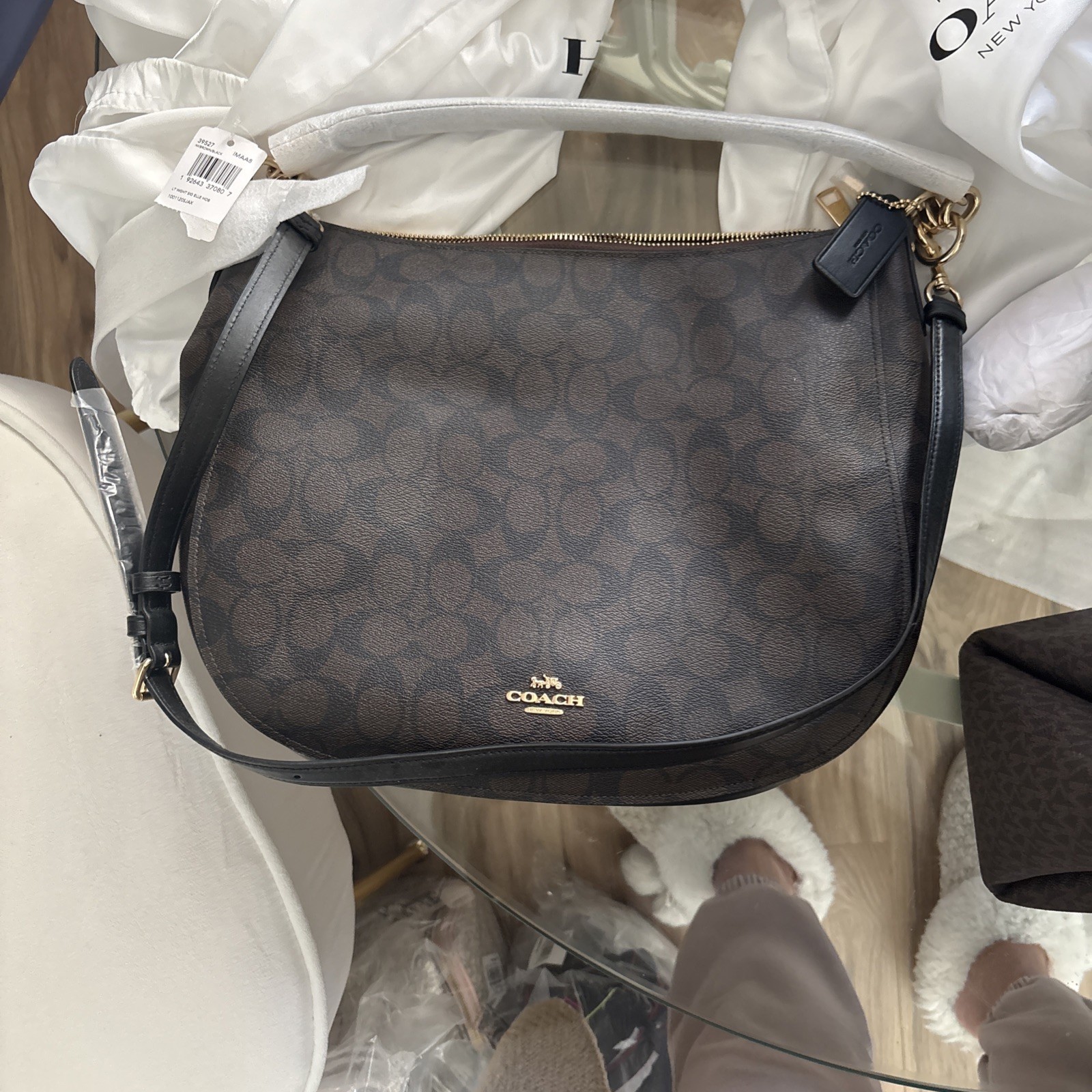 Coach Elle Hobo Signature Logo Canvas/Leather Brown Black Gold Zip Shoulder Bag Coach Elle Hobo Signature Logo Canvas/Leather Brown Black Gold Zip Shoulder Bag