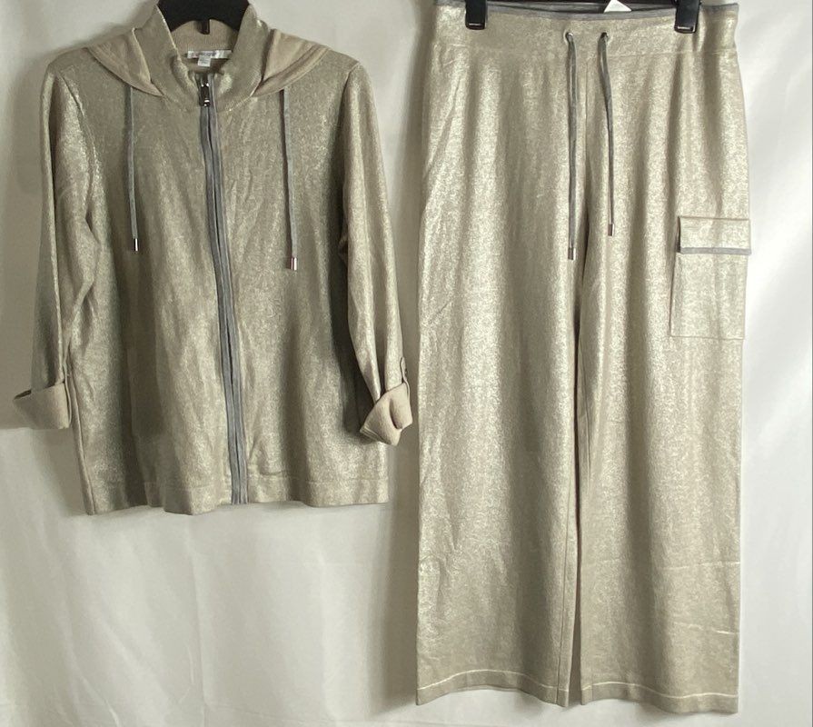 Chico\'s Women\'s Zenergy 2pc Set Metallic Gold Shimmer Hoodie Pants Sz 1 M NWT