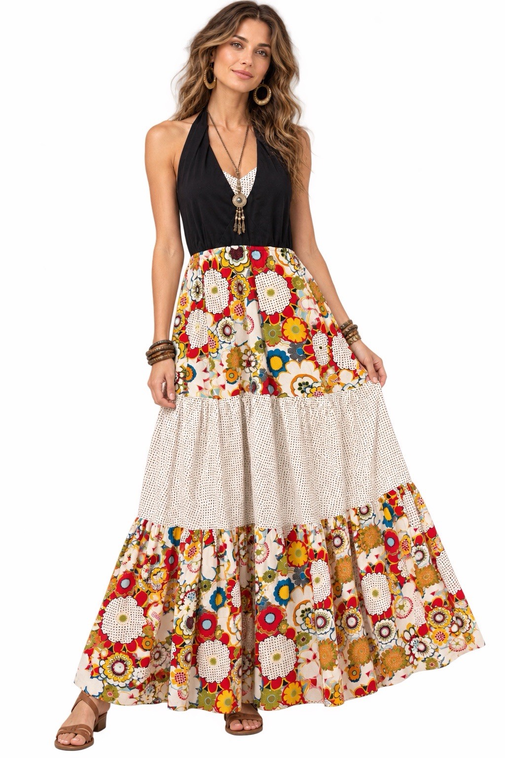 Vtg 60s 70s Tiered Halter Maxi Dress ~Flower Power Woodstock Hippie ~Fits a S/M Vtg 60s 70s Tiered Halter Maxi Dress ~Flower Power Woodstock Hippie ~Fits a S/M