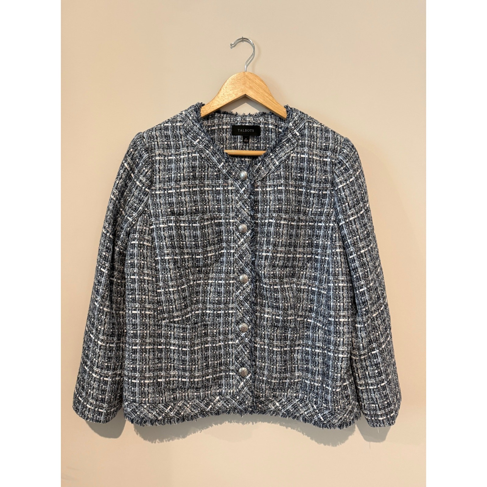 Talbots Blue Gray Tweed Woven Blazer Jacket Sz 8 Workwear Office Suit Talbots Blue Gray Tweed Woven Blazer Jacket Sz 8 Workwear Office Suit